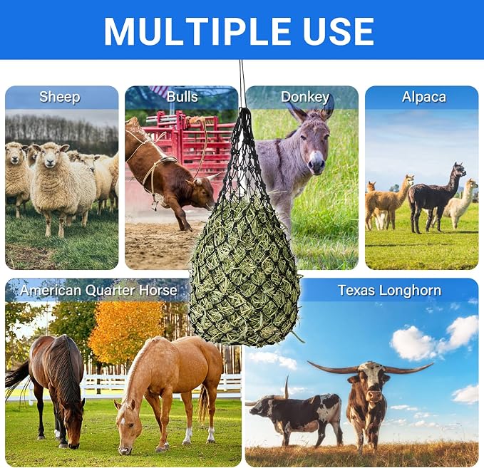 2-Pack Heavy Duty Hay Bags, Slow Feeder for Horses & Goats with 2-Inch Holes, Adjustable Drawstring Hay Net to Reduce Waste & Improve Digestion for Stall, Trailer, Pasture