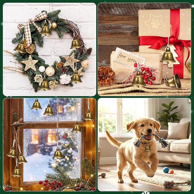 Craft Bells, 24 PCS Bronze Jingle Vintage Bells (1.7" X 1.5") with Spring Hooks, Small Brass Bell for Dog Potty Training Doorbell Wedding Decor DIY Favor Crafts Christmas Tree