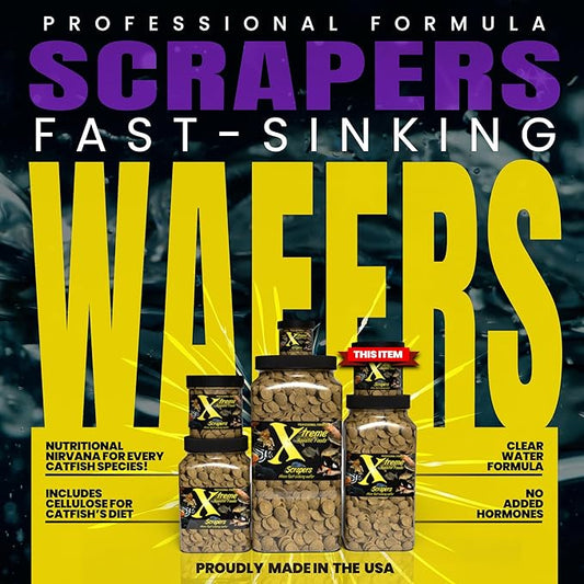 Xtreme Scrapers Wafers - Premium 14mm Fast-Sinking Fish Food – Nutrient & Cellulose Rich Ideal for Nocturnal Feeders, Catfish, Plecostomus Species, and Loaches – USA Farm Grown (5oz)