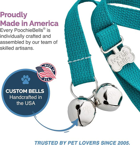 PoochieBells Dog Door Bells for Potty Training, Quick & Easy Puppy Potty Training Method Included, Handcrafted in USA with Loud, Paw-Safe Bells, Durable Cotton Webbing - Teal
