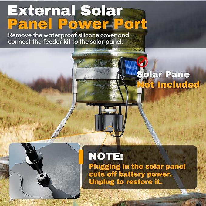 Deer Feeder Kit, 6V Feeder Kit, Feeder Motor & Timer Kit, Small-Size Game Feeder/Chicken Feeder, Sturdy Hunting Feeder Kit with Spinner/Digital Timer/Adjustable Arms/Batteries Slot/Solar Panel Port