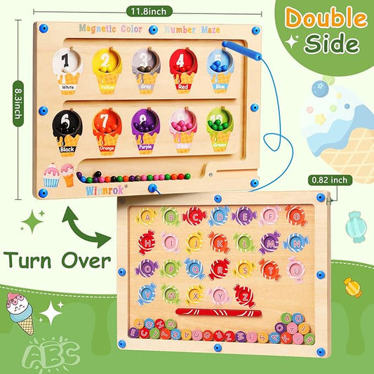 2 in 1 Magnetic Color and Number Maze, ABC Alphabet Puzzles Board Magnet Ice Cream Toys, Montessori Educational Magnet Puzzle, Preschool Learning Counting Toys for 2 3 4 5 Birthday Gifts
