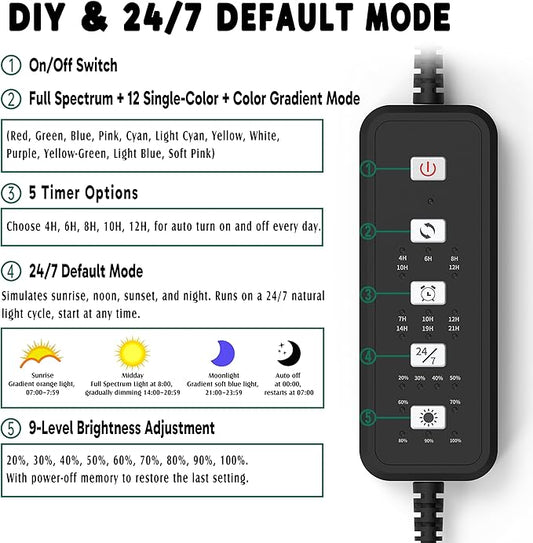 24/7 LED Aquarium Light for 18-24 Inch Plant & Fish Tank, 12-Color & Gradient & Full Spectrum with Auto On/Off, Brightness, Sunrise-Daylight-Moonlight, Extendable Brackets for Freshwater IP68