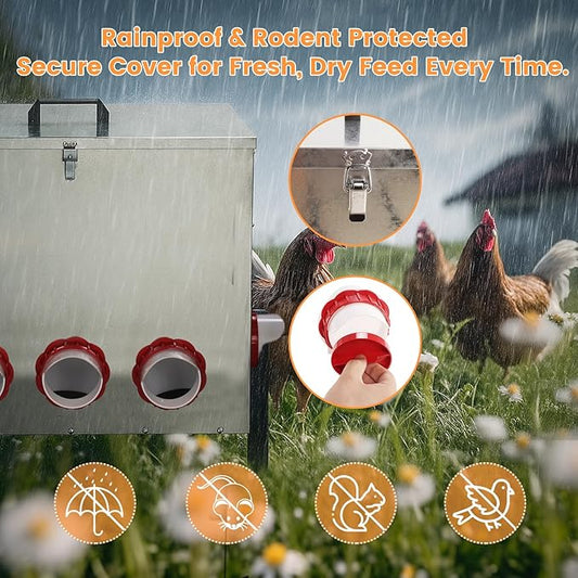 50LB Automatic Chicken Feeder with Cover – Large Capacity Metal Chicken Coop Feeder with 8 Feed Ports, Adjustable Legs Rainproof No Waste Outdoor Poultry Feeder for Hens & Free Range Flocks