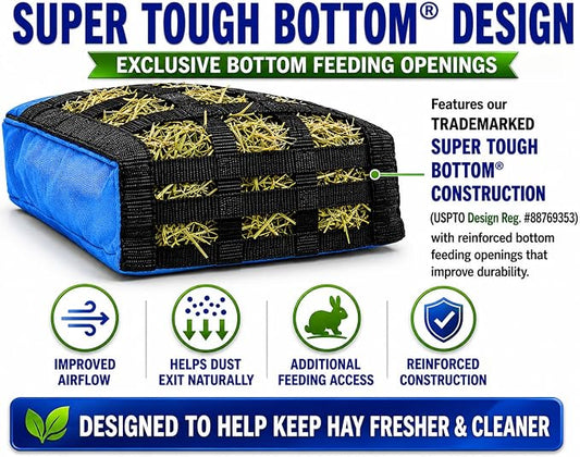 Rabbit & Guinea Pig Hay Bag Feeder with Super Tough Bottom® Design | Large 15" x 11" x 3" Hanging Hay Feeder | Organized Feeding | Made in USA Design (Hurricane Blue, Large 15" x 11" x 3")