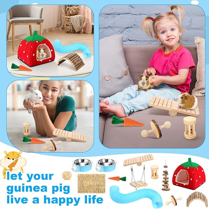 Youyole 13 Pcs Guinea Pig Starter Kit Hamster Toys Bed Guinea Pig Cage Accessories with Tunnel Grass Mats Pet Food Bowl for Christmas Chinchillas Hedgehogs Ferrets Rabbit Hideout Essentials(Red)