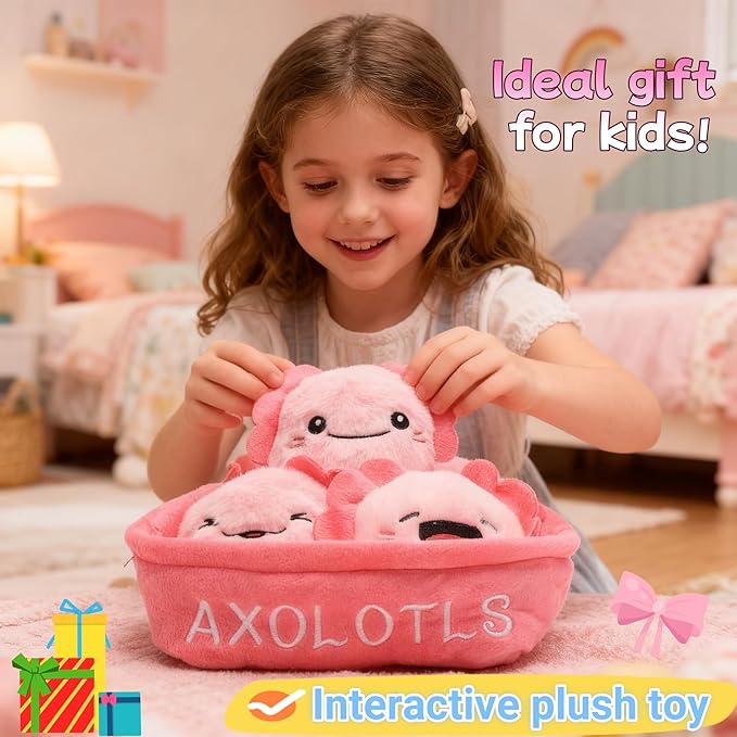 Pink Axolotl Plush Toy Set, 5pcs Cute Smiling Axolotls in Soft Basket, 7.87in Stuffed Animal Plushies for Kids, Friends, Birthday, Christmas, Room Decor
