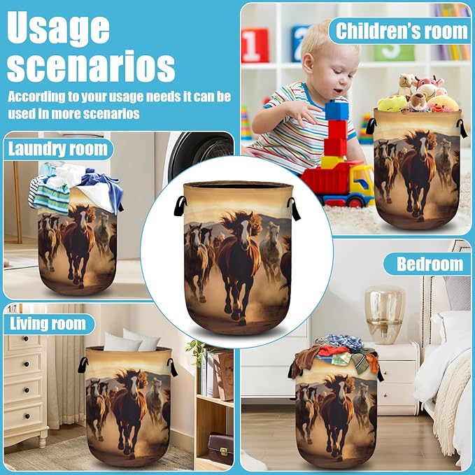 Running Horse Laundry Basket, Laundry Hamper Collapsible Oxford Cloth with Handle Clothes Storage Bin for Bathroom Laundry Room Bedroom 15.7 X 20 Inch