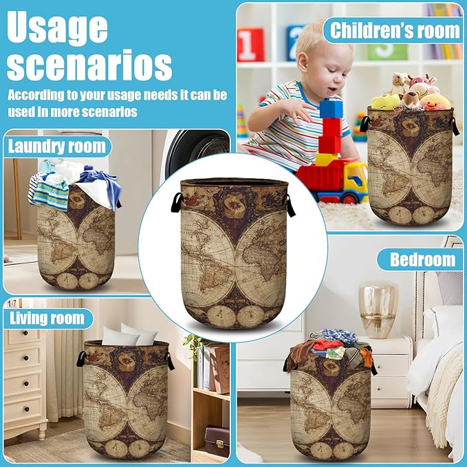 World Map Laundry Basket, Laundry Hamper Collapsible Oxford Cloth with Handle Clothes Storage Bin for Bathroom Laundry Room Bedroom 15.7 X 20 Inch