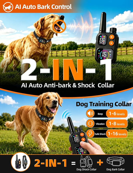 2 in 1 Dog Bark and Shock Collar, 4500FT Bark and Training Collar with Remote, 3 Modes (Beep/Vibration/Safe Shock), IP67 Waterproof, Anti Bark Collar for Small Medium Large Dog (5-120Lbs)