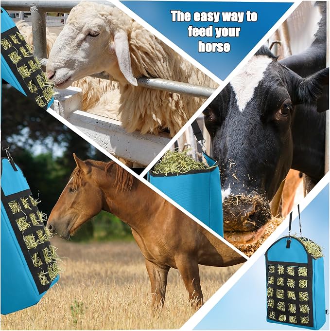 2 Pack Heavy Duty 1200D Oxford Slow Feeder Hay Bag with Large Opening for Horse, Goat, Donkeys, 13.78x7.45x18.1 Inch, Blue