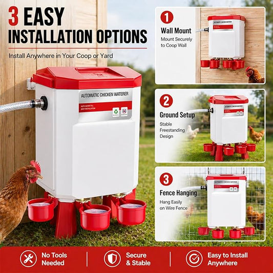 Automatic Chicken Waterer 2 Gallons, Chicken Water Feeder with Float Valve & 4 Water Cups, 13FT Hose Poultry Waterer System, Chicken Coop Water Dispenser for Chickens Ducks Quail Turkey (Red, 2 GAL)