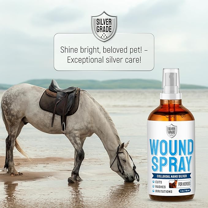 Horse Wound Care Spray with Silver – for Insect & Fly Bites, Hot Spots, Scratches & Itchy Skin – Supports Quick Healing of Cuts, Abrasions & Rain Rot Treatment for Horses – Equine Healing Aid – 4 Oz