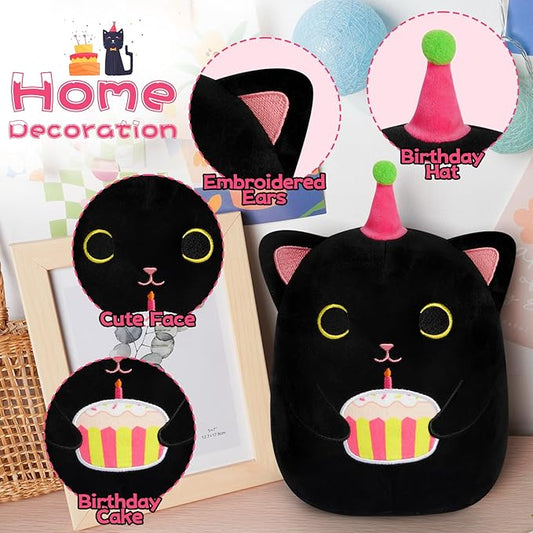 Black Cat Plush, 8 inch Happy Birthday Cat Stuffed Animal with Cake, Cute Plush Black Kitten Birthday Gift for Girls, Boys and Cats, Home Room Decoration