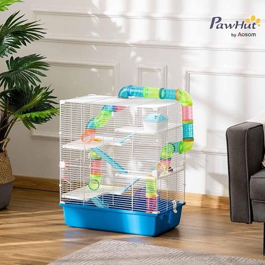 PawHut Extra Large 23" Hamster Cage with Tubes and Tunnels, Portable Carry Handles, Rat House and Habitats Big 5-Tier Design, Mouse Cage Includes Exercise Wheel, Water Bottle, Food Dish, Blue