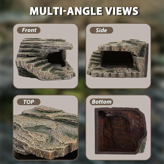 Extra Large Resin Reptile Cave Hideout, Rock-Style Basking Platform, Aquarium and Terrarium Decor, Ideal for Reptiles, Amphibians, and Fish