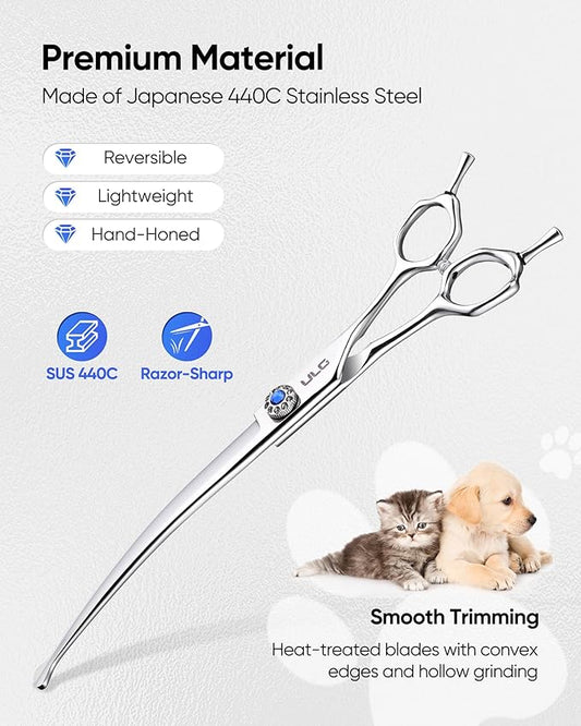 ULG Curved Dog Shears for Grooming, 7 Inch Professional Curved Dog Grooming Scissors for Trimming and Cutting, Japanese Stainless Steel Pet Hair Scissors
