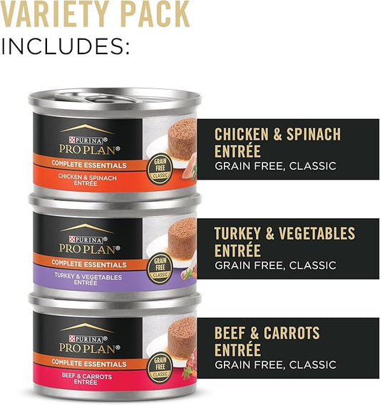 Purina Pro Plan Complete Essentials Chicken, Turkey and Beef Grain Free Wet Cat Food Variety Pack - (24) 3 oz. Cans