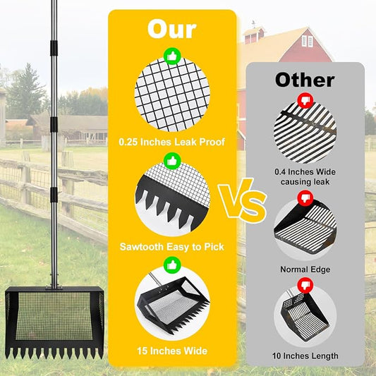 15inch Extra Large Chicken Poop Scooper,Adjustable Chicken Coop Scooper for Poop,Stainless Steel Chicken Poop Scooper Rake with 24 to 68" Handle,Litter Scooper Sifting Shovel Chicken Coop