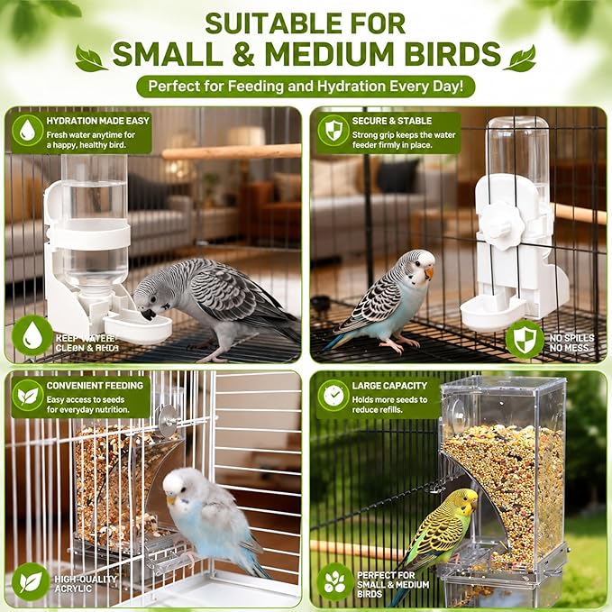Rypet No Mess Bird Water Feeder Dispenser Set Automatic Bird Feeder Transparent Food Container Cage Acrylic Parrot Feeders Accessories for Small Birds Parrot Cockatoo Canary