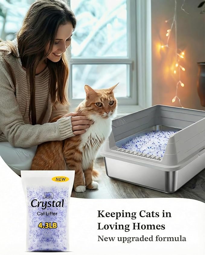 LMJP Crystal Cat Litter with Powerful Odor Control, Non-Clumping, Lasts Up to 4 Months, 17.2lb, Rapid Water Absorption, Unscented & Low Tracking Lightweight Blue & White Silica, 4 Pack of 4.3lb