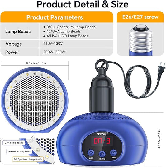 Chicken Coop Heater Lamps,200W-350W-500W Reptile Heating Lamp Upgraded with UVA UVB Ligh 3-6-9-12H Timer,Protable Greenhouse Heater for Outdoor Chicken Coop for Reptile Rabbits Dog Cats (5.2 Inch)
