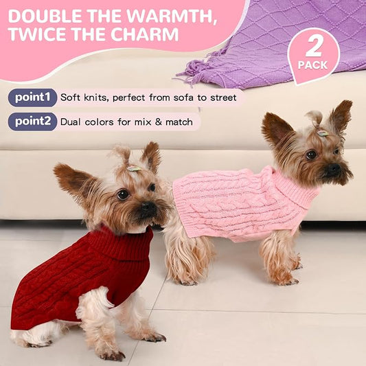 Dog Sweater 2 Pack for Small Dogs, Size XS, Pink & Red | Stretchy cable knit turtleneck, machine washable, high belly cut, comfy winter fit for Chihuahua, Yorkie