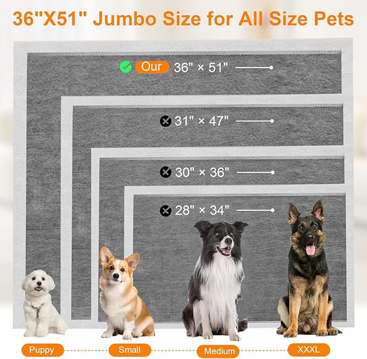 Charcoal Puppy Pads 36"×51", Ultra-Large Carbon Pee Pads for Dogs, Odor-Control Puppy Pads, 6-Layer Dog Training Pads, Ultra-Absorbent & Quick-Dry Black Dog Pads 100 Count