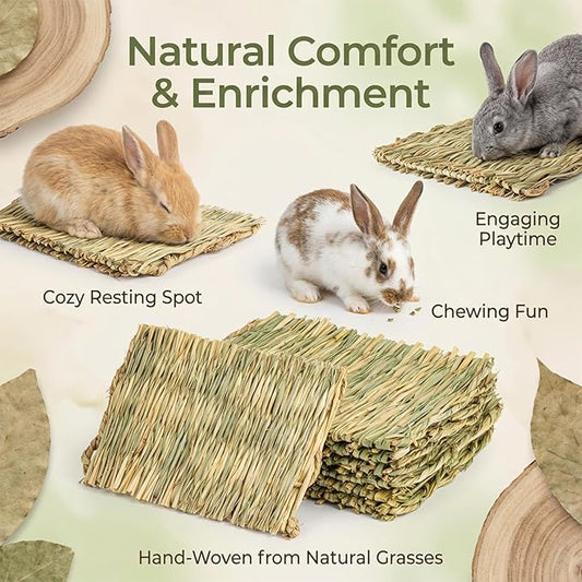 Sukh 3PCS Natural Rabbit Grass Mats - Hand Woven Hay Cage Bed Mat, Pet Cooling Sleeping Nest & Chew Toys for Bunny Hamster Chinchilla Guinea Pig Mouse Bird Small Animals