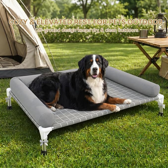 Heavy Duty Elevated Dog Bed with Bolster - 39"x27" Raised Pet Cot for Large Dogs, 0.5mm Stainless Steel Frame Double-Layer Canvas Portable Dog Sofa for Outdoor and Camping