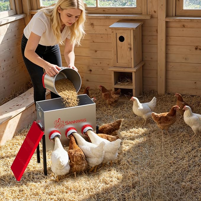 Chicken Feeders,47 lb Capacity 6 Port Automatic Chicken Feeder, Metal Chick Feeder with Locking Lid and Legs, Chicken Feeder for Chickens, Ducks, Geese