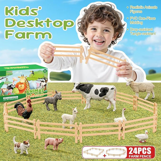 24PCS Farm Animal Toys Corral Fence for Kids Age 3-5 5-7 4-8 Years Olds Boys Girls, Educational Farm Animal Cake Toppers for Toddlers 3 4 5 6 7 8 9 10