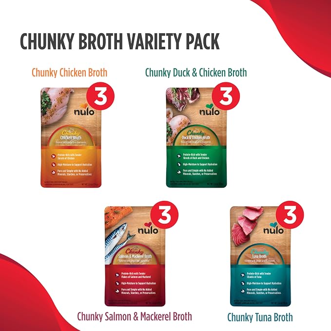 Nulo Chunky Cat Broth Pouches - Variety Pack, High-Protein Wet Cat Food Topper Treat for Indoor & Outdoor Kittens and Adults, 12 x 2.8oz