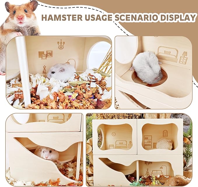 Hamster Hideout Wooden House,Hamsters Multi Chamber Hideout,Small Animal Habitat for Clear Observation,Hamster Toys for Dwarf Hamstersm,Gerbils, Hedgehogs, Rats, Mice(Bedroom)