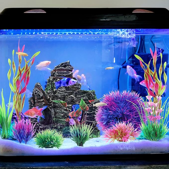 QUOZUO 10pcs Aquarium Artificial Plastic Plants Decorations and Rock Cave Decor Set, Fish Tank Accessories Small Large Fish Bowl Ornaments Set