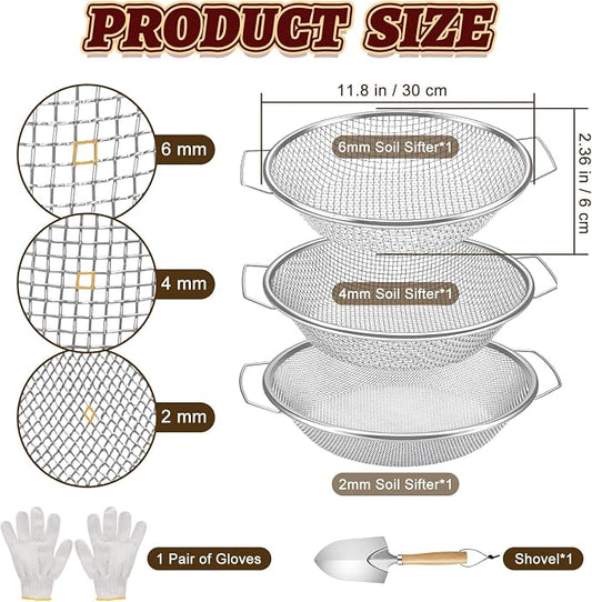 3PCS Soil Sifter for Gardening, Rock Soil Sifter with Handle Compost Sifting Screen for 5 Gallon Buckets with Metal Garden Tool Shovel Gloves 2,4,6mm Mesh Sizes Remove Stone Fine Gravel Sand Dirt