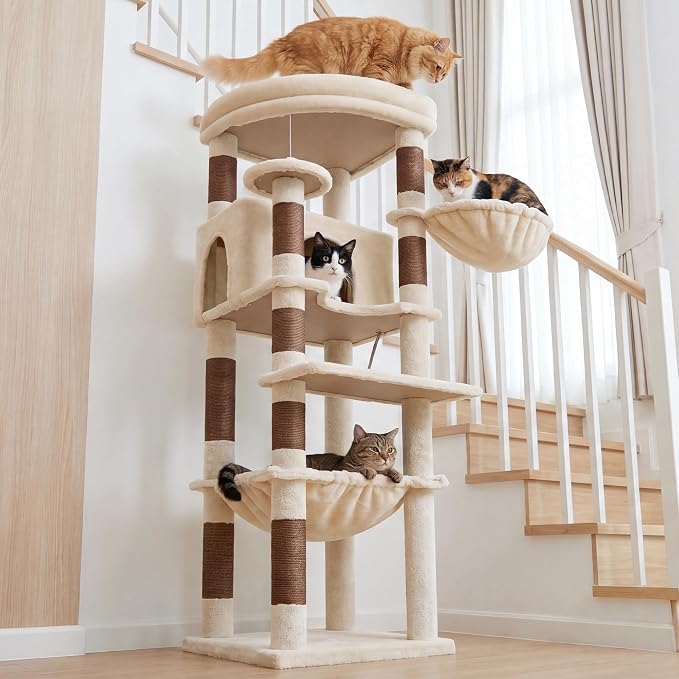 Heybly Cat Tree, 53.1-Inch Corner Stable Cat Tower for Large Indoor Cats, Well-Structured Interactive Cat Condo with Fan-Shaped Top Perch, Cozy Condo, Sturdy Base, Basket & Hammock, Beige HCT029MJ