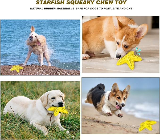 Squeaky Dog Toys - Starfish Natural Teeth Cleaning Toy for Small & Medium Dogs - Yellow