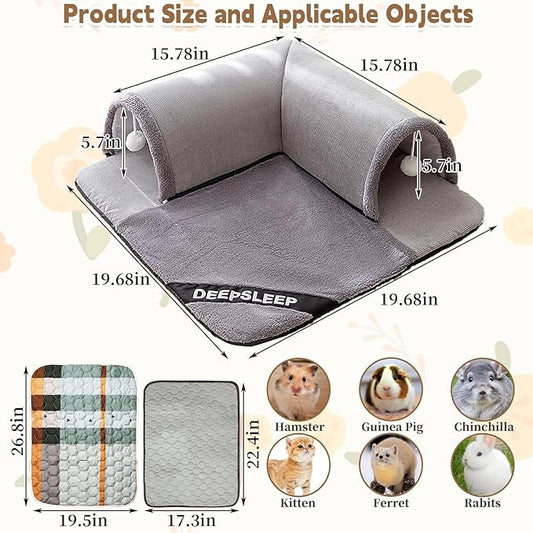 PINVNBY 3Pcs Guinea Pig Hideout Tunnel Tube with Removable Base & 2 Liners and Washable Soft Rabbit Bed & Small Animal Tunnel Tube Cage Accessories for Chinchillas, Hamsters, Ferrets, Bunny(Gray)