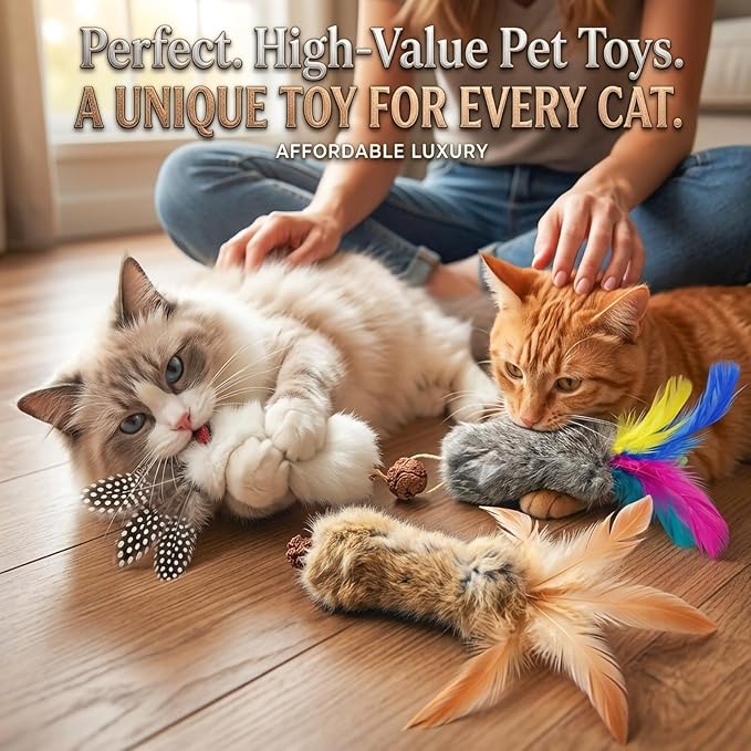 Cat Toys with Real Rabbit Fur Feather,6pcs Kitten Catnip Toy Gall Fruit Treat & Crinkle Paper for Kicking Teeth Cleaning & Stress Relief for Indoor Cats Interactive Christmas Birthday Gift