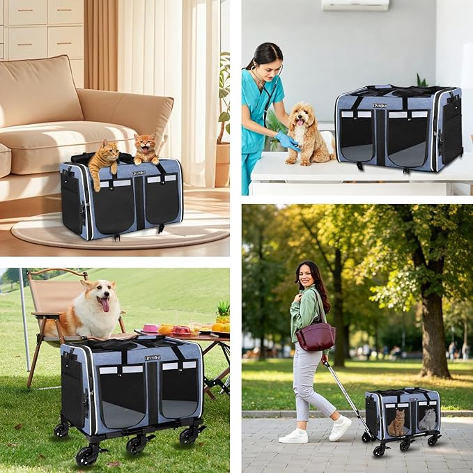 Petskd Extra Large Double Pet Carrier with Wheels for 2 Cats or a Medium Dog, 24" X 17" X 15" Soft-Sided Rolling Cat Carrier for Vet, Car Travel, and Home Use, Support up to 40 Lbs, Blue
