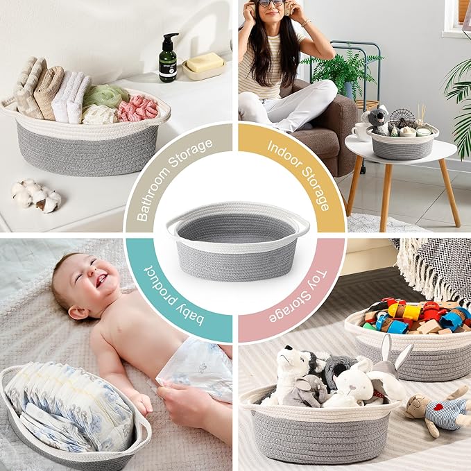 2 Pack Small Woven Basket with Gift Bags and Ribbons, Empty Decorative Gift Chest Box, Cute Baby Gift Basket for Nursery, Cotton Rope Room Shelf Storage Basket with Handles, All 12"x 8"x 5", Gray