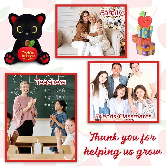Black Cat Plush Holding Red Apple - Teacher Appreciation Gift Thank You for Helping Me Grow, 8inch Cute Stuffed Cat Plushie, Kawaii Toy Thank You Gift for Women Men Desktop Decor