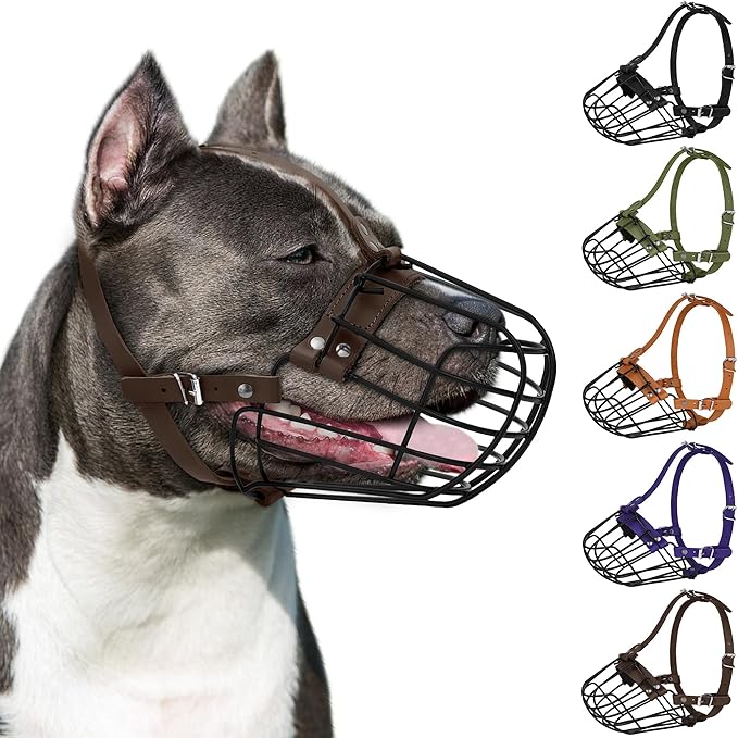 Pitbull Dog Muzzle Breathable Metal Basket for Large Dogs Amstaff Staffordshire Terrier Secure Wire Mask Adjustable Durable Leather Straps Biting Chewing Barking (Dark Brown)