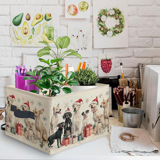 Christmas Dog Foldable Storage Bins Box with Handles, Dog Lovers Gifts, Winter Christmas Santa Dogs Snowflake Holiday Collapsible Toys Books Clothes Organizer Basket for Bedroom Bathroom