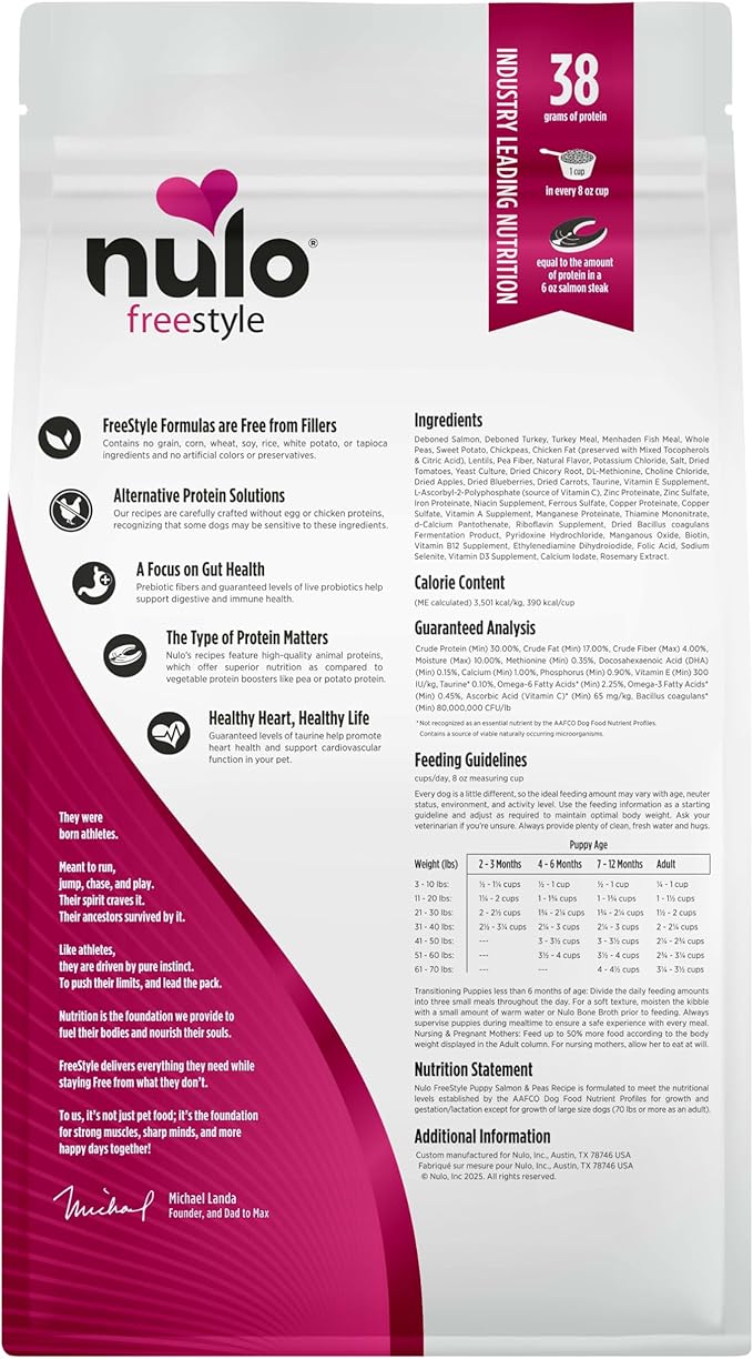 Nulo Freestyle Dry Puppy Food - Salmon & Peas, Premium Grain Free Dog Food for Puppies, Natural, High Protein Kibble with DHA, Omega 3 & Probiotics, for Small and Medium Breeds, 6lb Bag