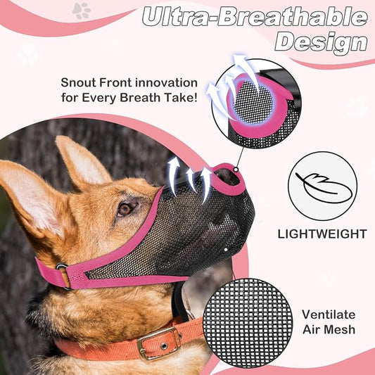 Dog Muzzle, Soft Air Mesh Muzzles for Medium Sized Dogs, Breathable Dog Mussels for Scavenging Biting Licking & Barking, Adjustable Mouth Guard with Front Opening, Allows Panting and Drinking(Pink,M)