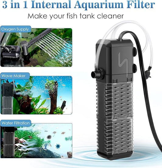 AQQA Aquarium Filter, Submersible Power Fish Tank Filter with Rainwater Aerator System Adjustable Water Flow Design, Ultra Silent Biochemical Sponge Filtration Up to Fish Tank 70 Gallon (9W-211GPH)