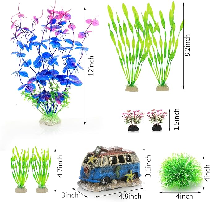ALEGI Fish Tank Decorations Plants with Resin Cave Rock View, Aquarium Decor Accessories Plastic Plants, Fish Cave and Hideout Ornaments (Purple Set)