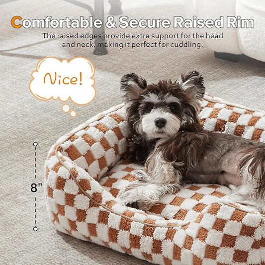 JOEJOY Dog Bed for Medium Small Dogs - Rectangle Orthopedic Dog Sofa Bed, Cute Modern Puppy Bed with Jacquard Shaggy Plush & Anti Slip Bottom, 25x21x8inches, Brown